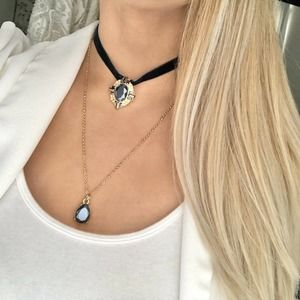New York & Company Gold Navy Velvet Layered Choker Necklaces